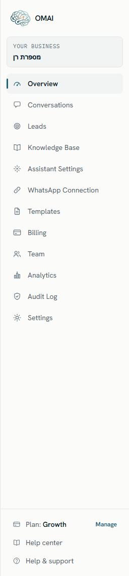 The dashboard sidebar listing Overview, Conversations, Leads, Knowledge Base, Assistant Settings, WhatsApp Connection, Templates, Billing, Team, Analytics, Audit Log and Settings, with the current plan and a Help & support link in a separate strip at the bottom.