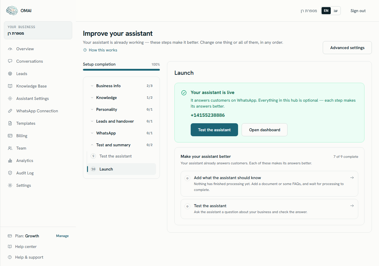 The Improve your assistant hub: six collapsible sections down one side with a done-out-of-total count each, a setup-completion bar above them, and in the middle the summary step confirming the assistant is live on a number, with the list of remaining improvements under it.
