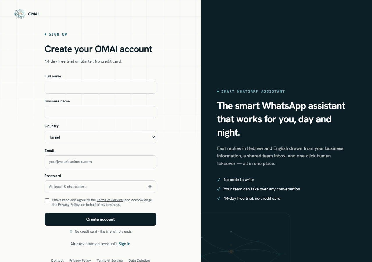 The sign-up form with fields for full name, business name, country, email and password, an unticked terms checkbox, and a Create account button.
